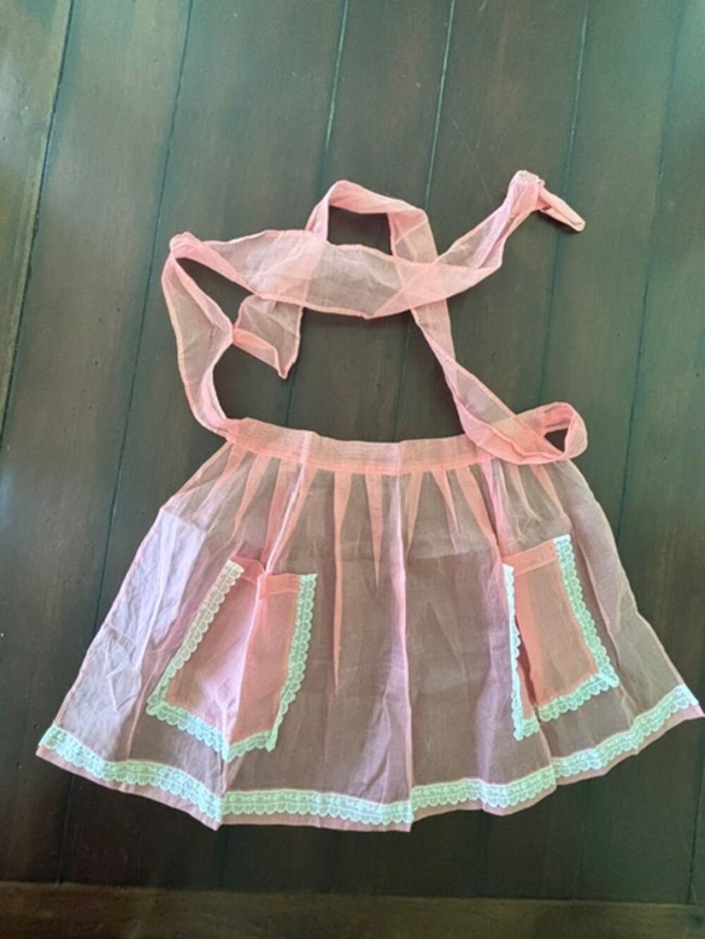 Vintage 1950s Pink Sheer Hostess Apron Unused Lace Trim Pockets Mid Century